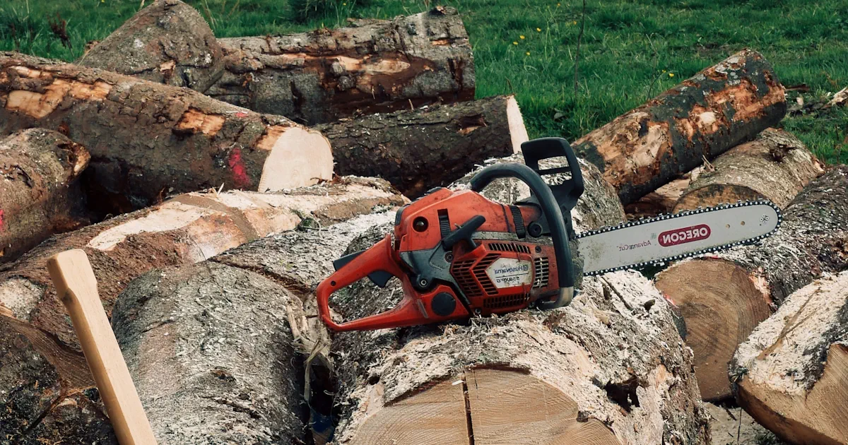 moottorisaha puupölkkyjen päällä
